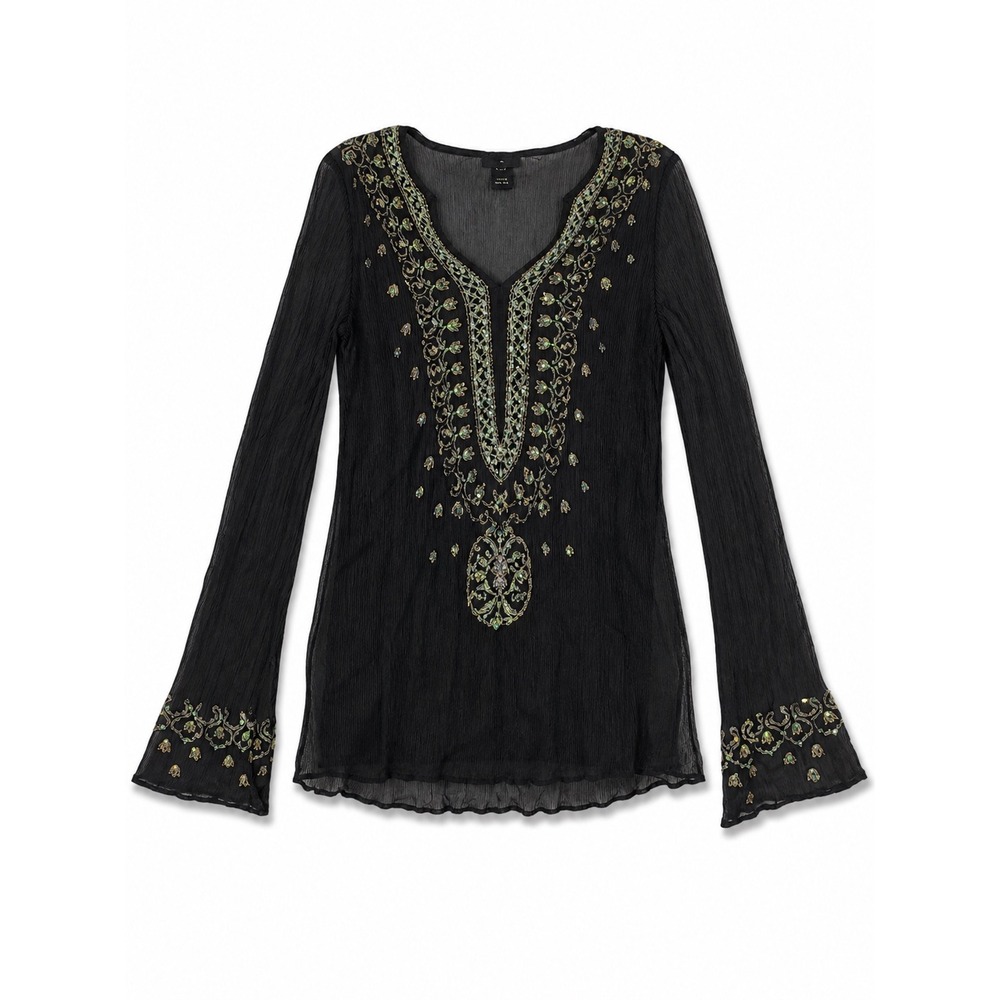 Venus Black Sheer 100% Silk‎ Beaded V Neck Long Sleeve Tunic Top Medium Y2K Boho